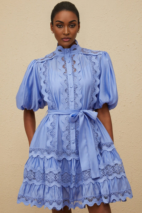 Barbara Mini Dress - Short Puff Sleeves - Cut - Out Detailing - Tied Waist - Tiered Design - Embroidered Motif