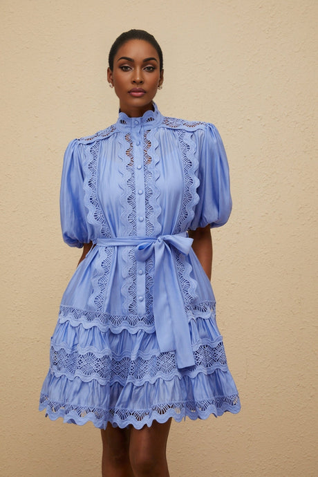 Barbara Mini Dress - Short Puff Sleeves - Cut - Out Detailing - Tied Waist - Tiered Design - Embroidered Motif