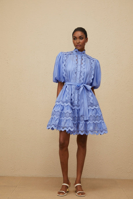 Barbara Mini Dress - Short Puff Sleeves - Cut - Out Detailing - Tied Waist - Tiered Design - Embroidered Motif