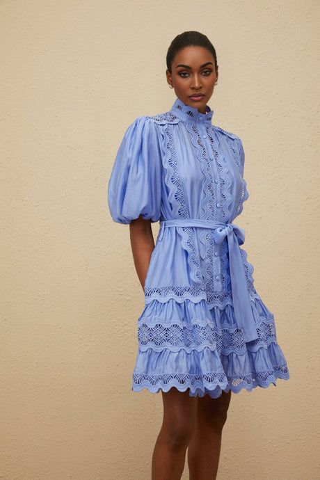 Barbara Mini Dress - Short Puff Sleeves - Cut - Out Detailing - Tied Waist - Tiered Design - Embroidered Motif