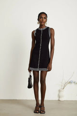 Barbara Mini Dress - Sleeveless Round Neck Fitted Waistline Press - Stud Fastening