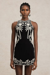 Beata Black Embroidered Sleeveless Dress with Round Neckline