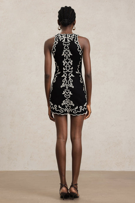 Beata Black Embroidered Sleeveless Dress