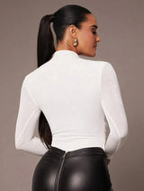 Beata Bodysuit - High Stretch Fabric - Slim Fit - Casual Style - Long Sleeve Length - Stand Collar Neckline - Natural Mid Waist Line