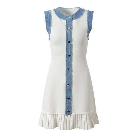 Beata Denim Dress - Fitted Bodice - Flared Hem - Sleeveless Silhouette - Tailored Waist - Pleated Hem