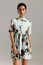 Beata Green Floral Print Mini Dress with Classic Collar and Button-Down Front