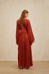 Beatrice Maxi Dress - Vibrant Orange - Puff Sleeves - Pleated Detailing