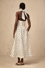 Beatrice Midi Dress - Halterneck Design - Sleeveless Silhouette - Cinched Waist - Polka Dot Pattern