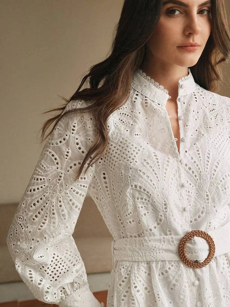 Beatrice Midi Dress - Stand Collar - Puff Sleeve - High Waist - Elegant Style