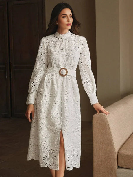 Beatrice Midi Dress - Stand Collar - Puff Sleeve - High Waist - Elegant Style