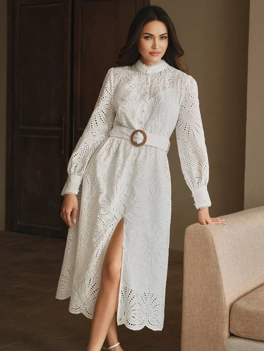 Beatrice Midi Dress - Stand Collar - Puff Sleeve - High Waist - Elegant Style