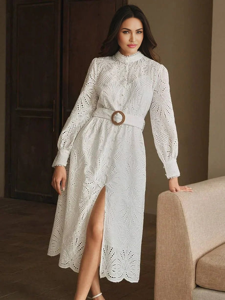 Beatrice Midi Dress - Stand Collar - Puff Sleeve - High Waist - Elegant Style