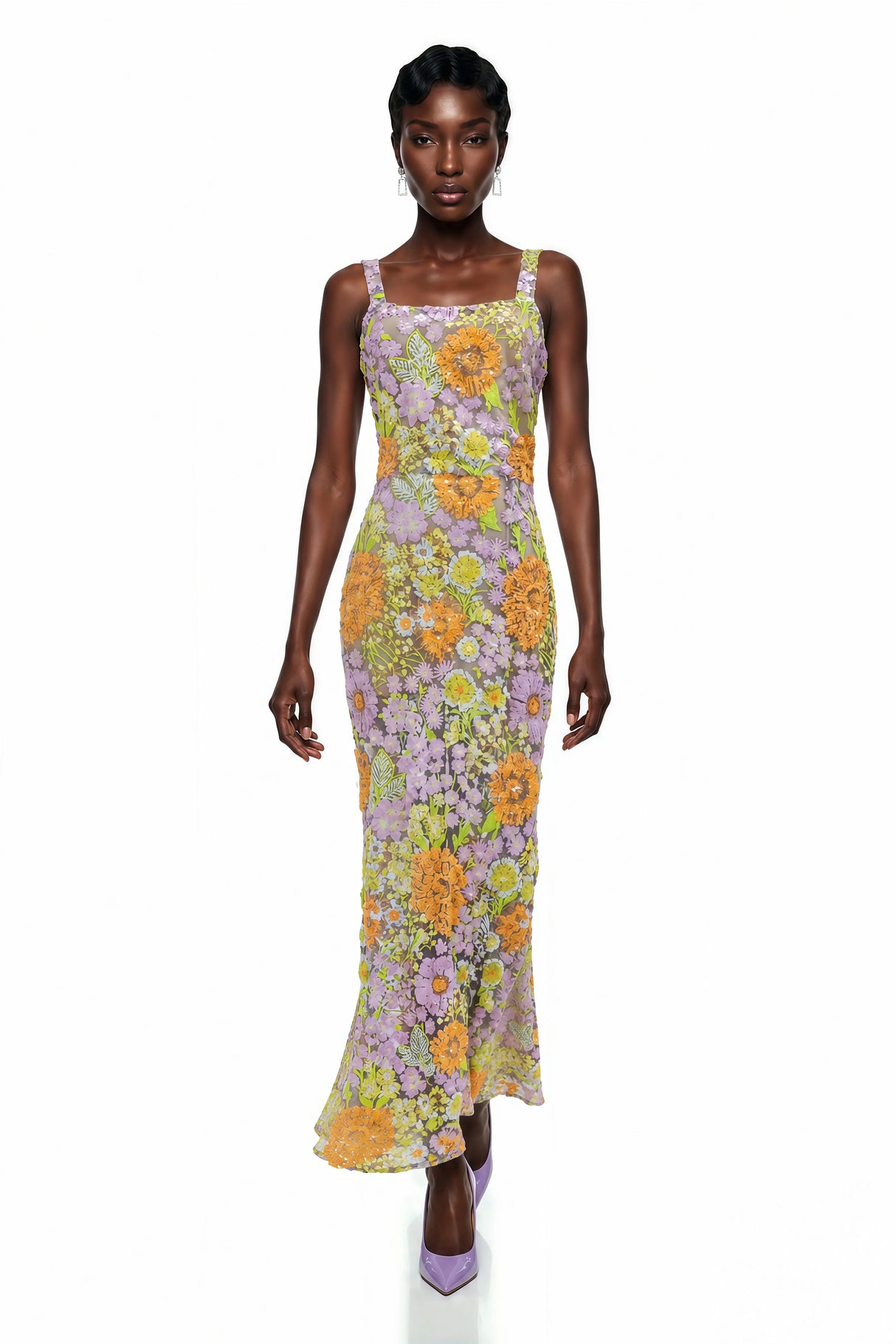 Beatrice Purple Floral Print Maxi Dress with Spaghetti Straps