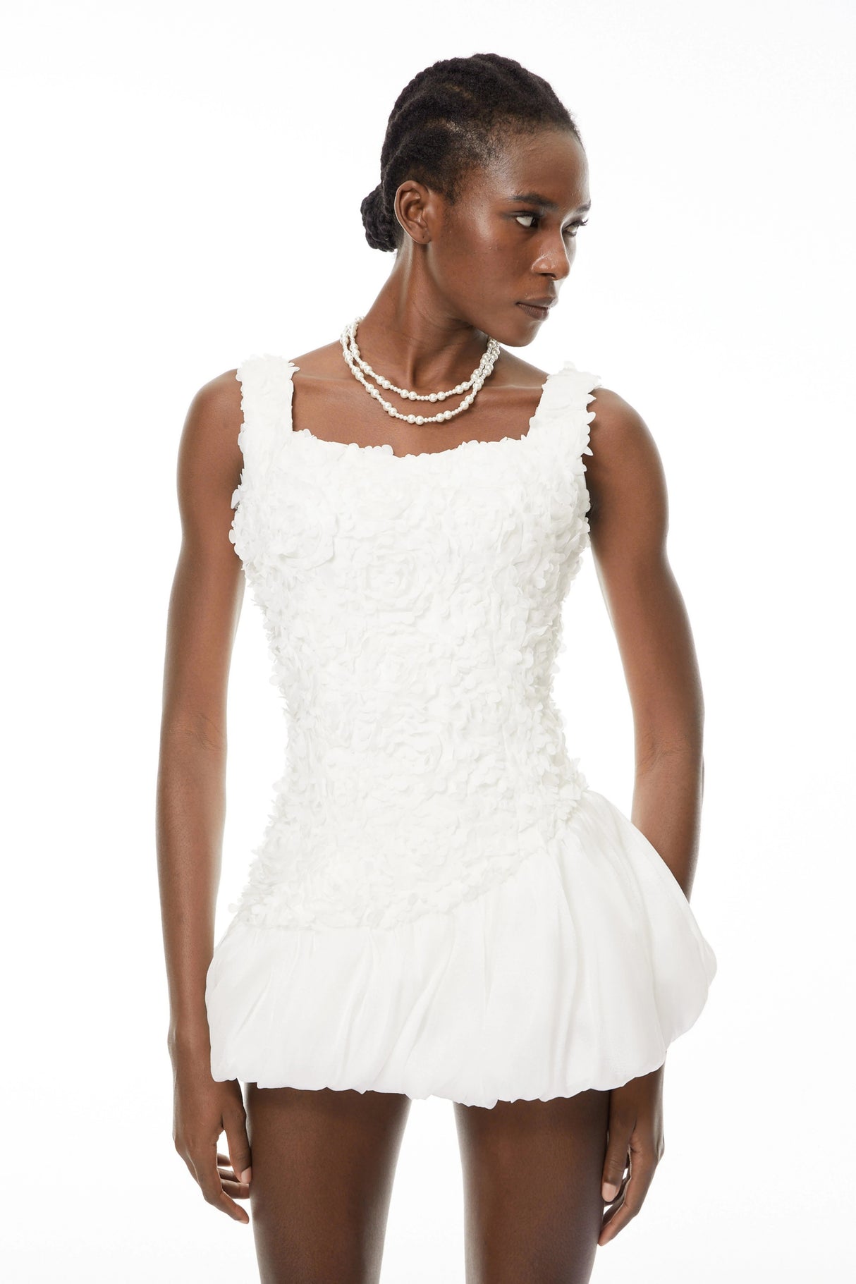 Beatrice White 3D Petal Bubble Mini Dress