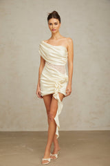 Beige asymmetric mini dress with lace panels and thin straps