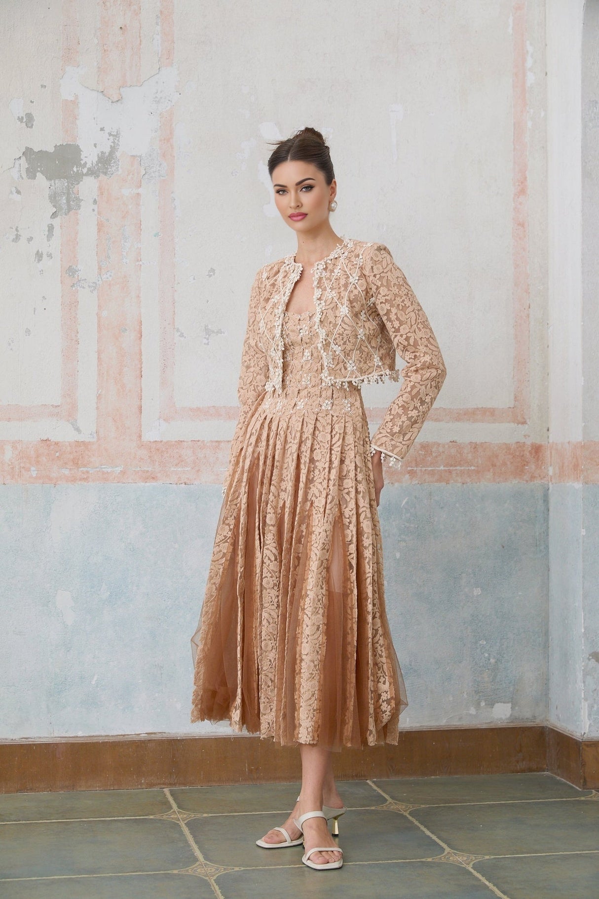 Beige crochet lace cardigan and matching dress set featuring delicate patterns and neutral tones