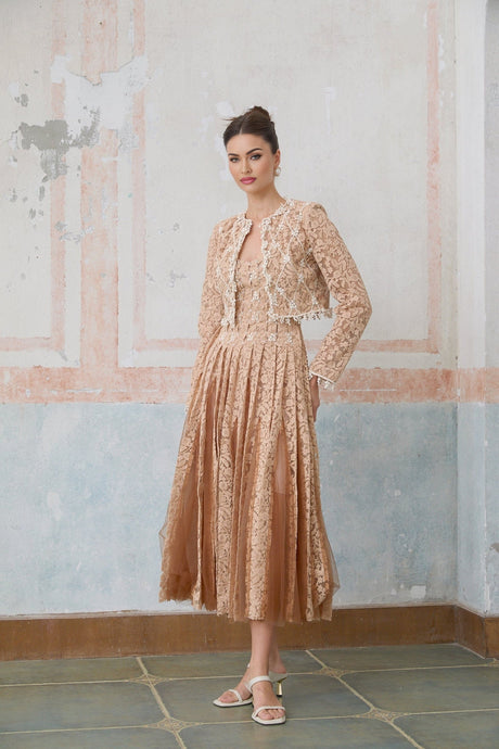 Beige crochet lace cardigan and matching dress set featuring delicate patterns and neutral tones