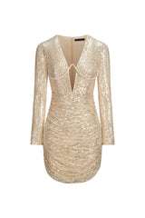 Beige Dye Sequin Mini Dress with Plunging Neckline and Long Sleeves