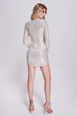 Beige Dye Sequin Mini Dress with Plunging Neckline and Long Sleeves