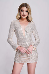 Beige Dye Sequin Mini Dress with Plunging Neckline and Long Sleeves
