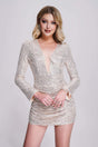 Beige Dye Sequin Mini Dress with Plunging Neckline and Long Sleeves