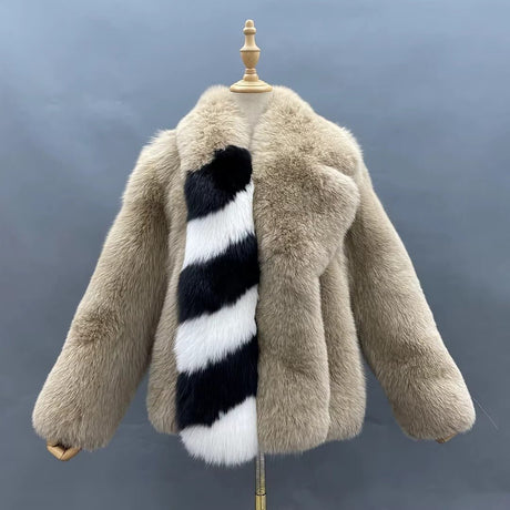 Beige Fox Fur Jacket with Black & White Striped Accent