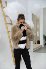 Beige Fox Fur Jacket with Black & White Striped Accent