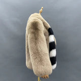 Beige Fox Fur Jacket with Black & White Striped Accent