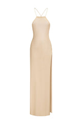 Beige Hailey Halter Knitted Midi Dress with Side Slit Detail