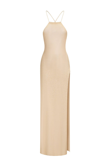 Beige Hailey Halter Knitted Midi Dress with Side Slit Detail