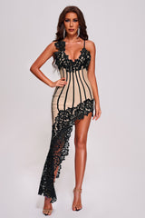 Beige Lace Midi Bandage Dress with V-Neckline and Asymmetrical Hemline