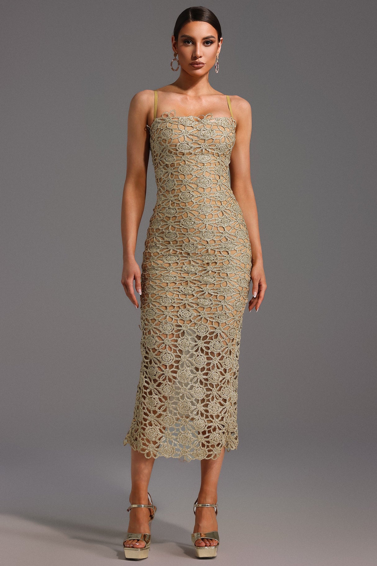 Beige Lelia Sleeveless Hollow Out Slit Midi Dress with Floral Detailing and Leg Slit