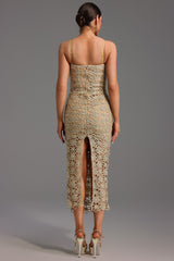 Beige Lelia Sleeveless Hollow Out Slit Midi Dress with Floral Detailing