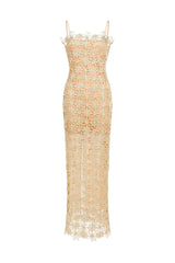 Beige Lelia Sleeveless Hollow Out Slit Midi Dress with Floral Detailing