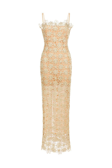 Beige Lelia Sleeveless Hollow Out Slit Midi Dress with Floral Detailing