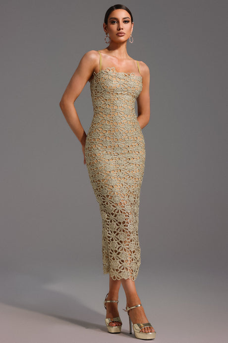 Beige Lelia Sleeveless Hollow Out Slit Midi Dress with Floral Detailing