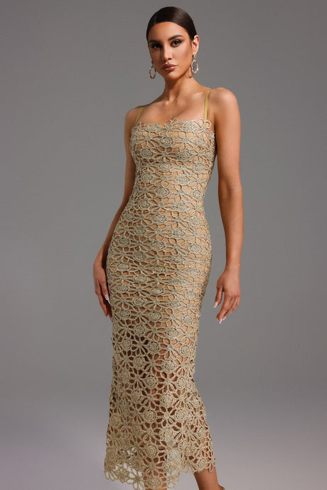 Beige Lelia Sleeveless Hollow Out Slit Midi Dress with Floral Detailing and Leg Slit