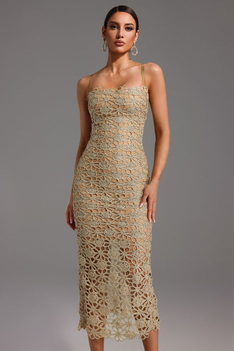 Beige Lelia Sleeveless Hollow Out Slit Midi Dress with Floral Detailing and Leg Slit