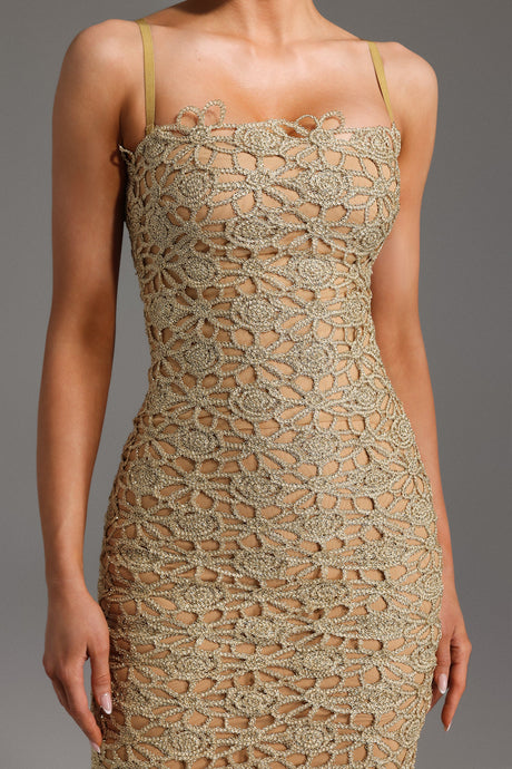 Beige Lelia Sleeveless Hollow Out Slit Midi Dress with Floral Detailing