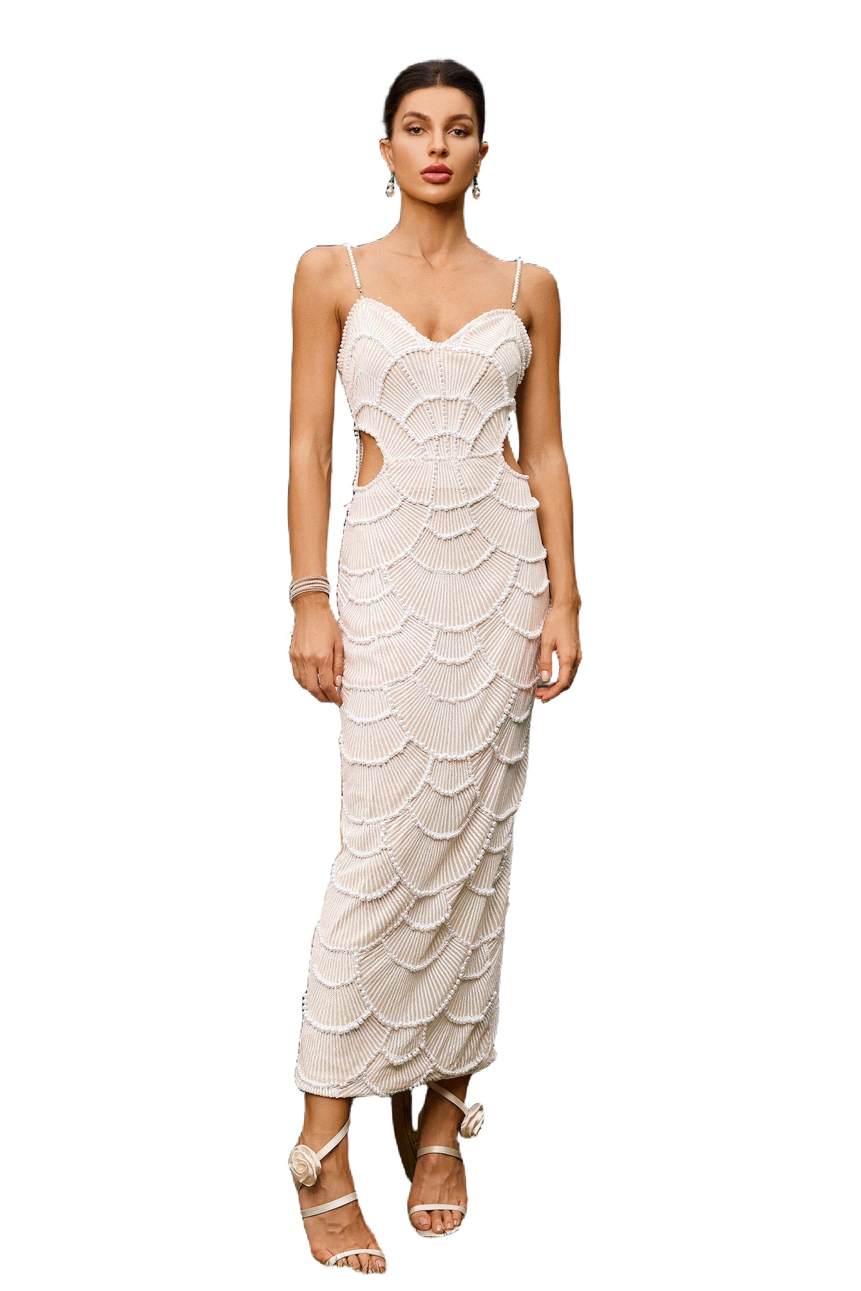 Beige Teresa Pearl Sequin Midi Dress with Cut-Out Details and Spaghetti Straps