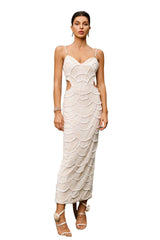 Beige Teresa Pearl Sequin Midi Dress with Cut-Out Details and Spaghetti Straps