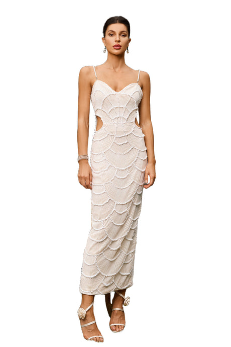 Beige Teresa Pearl Sequin Midi Dress with Cut-Out Details and Spaghetti Straps