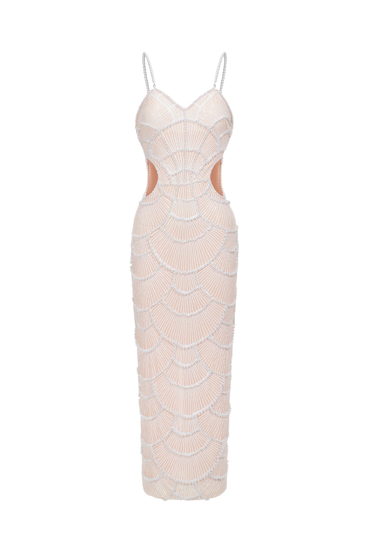 Beige Teresa Pearl Sequin Midi Dress with Cut-out Details and Spaghetti Straps