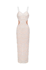 Beige Teresa Pearl Sequin Midi Dress with Cut-out Details and Spaghetti Straps
