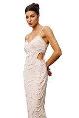 Beige Teresa Pearl Sequin Midi Dress with Cut-Out Details and Spaghetti Straps