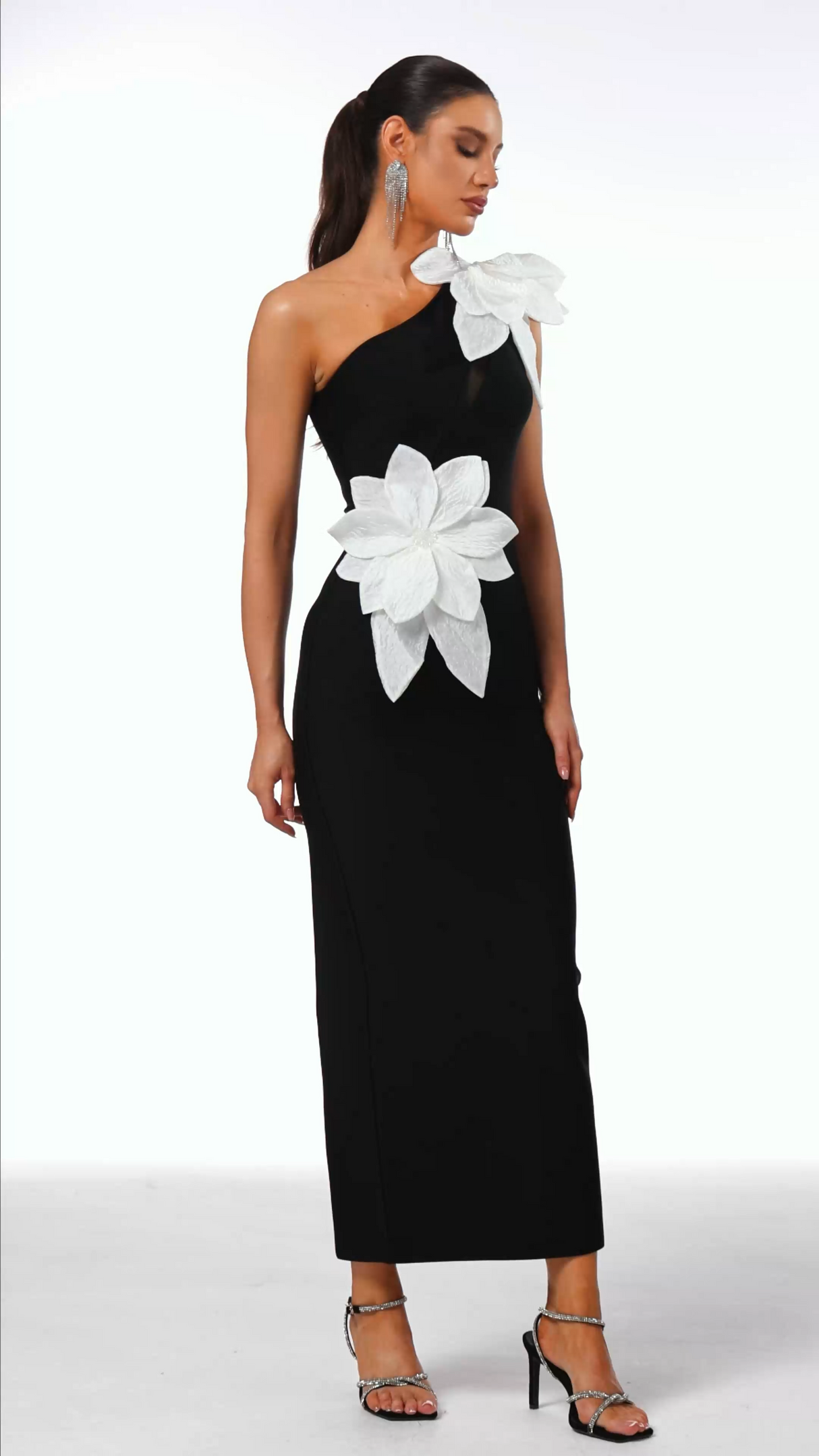 Bella Black One-Shoulder Floral Detail Maxi Dress