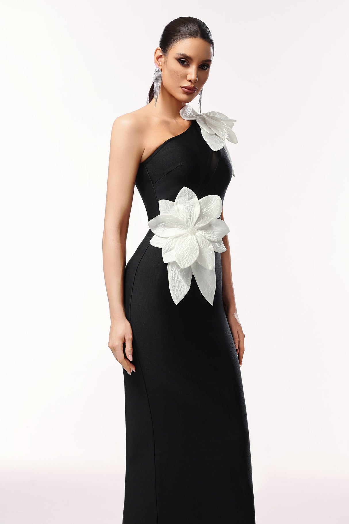 Bella Black One-Shoulder Floral Maxi Dress
