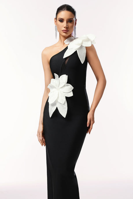 Bella Black One-Shoulder Floral Maxi Dress for Women