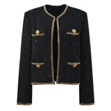 Bella Cropped Boxy Jacket - Sparkling Accents with Gold Chain Trim & Embellished Buttons