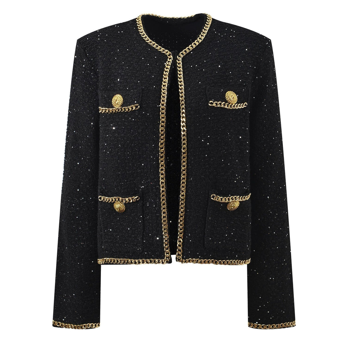 Bella Cropped Boxy Jacket - Sparkling Accents with Gold Chain Trim & Embellished Buttons
